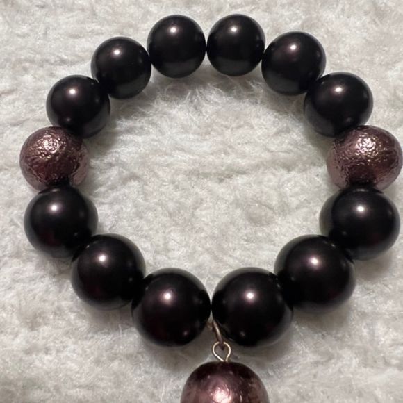 Plum Beads Elastic Bracelet Copper Tone Chain Tassel Accent - Picture 2 of 7